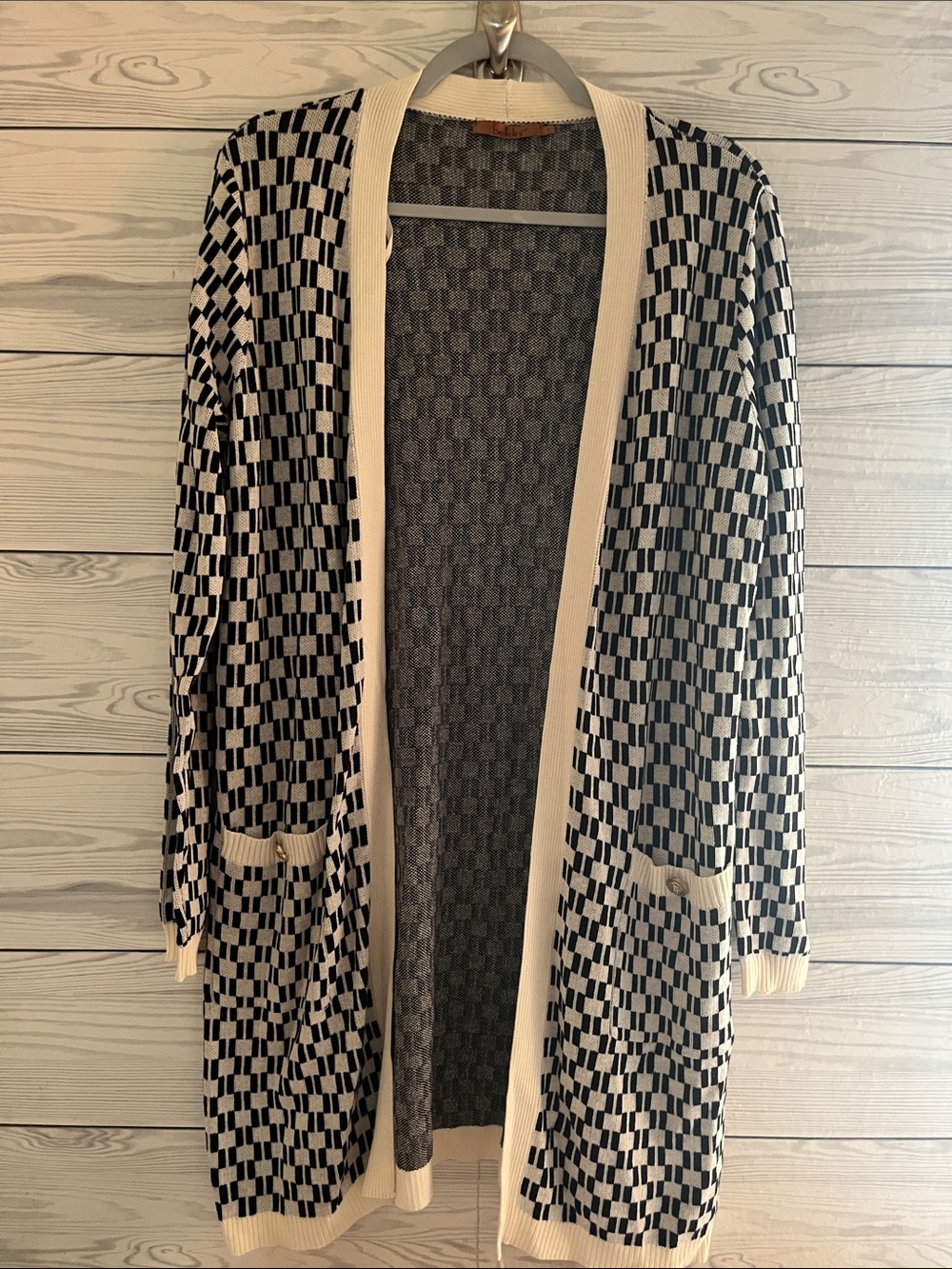 Belldini Open Front Checkered Long Cardigan L